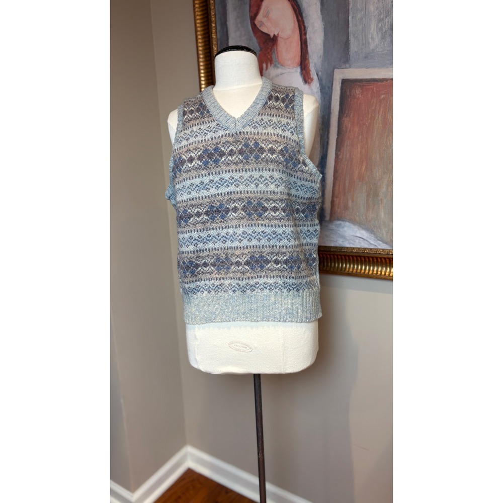 Vintage Warp Two Wool Fair Isle Sweater Vest V-Neck Blue Brown Large
